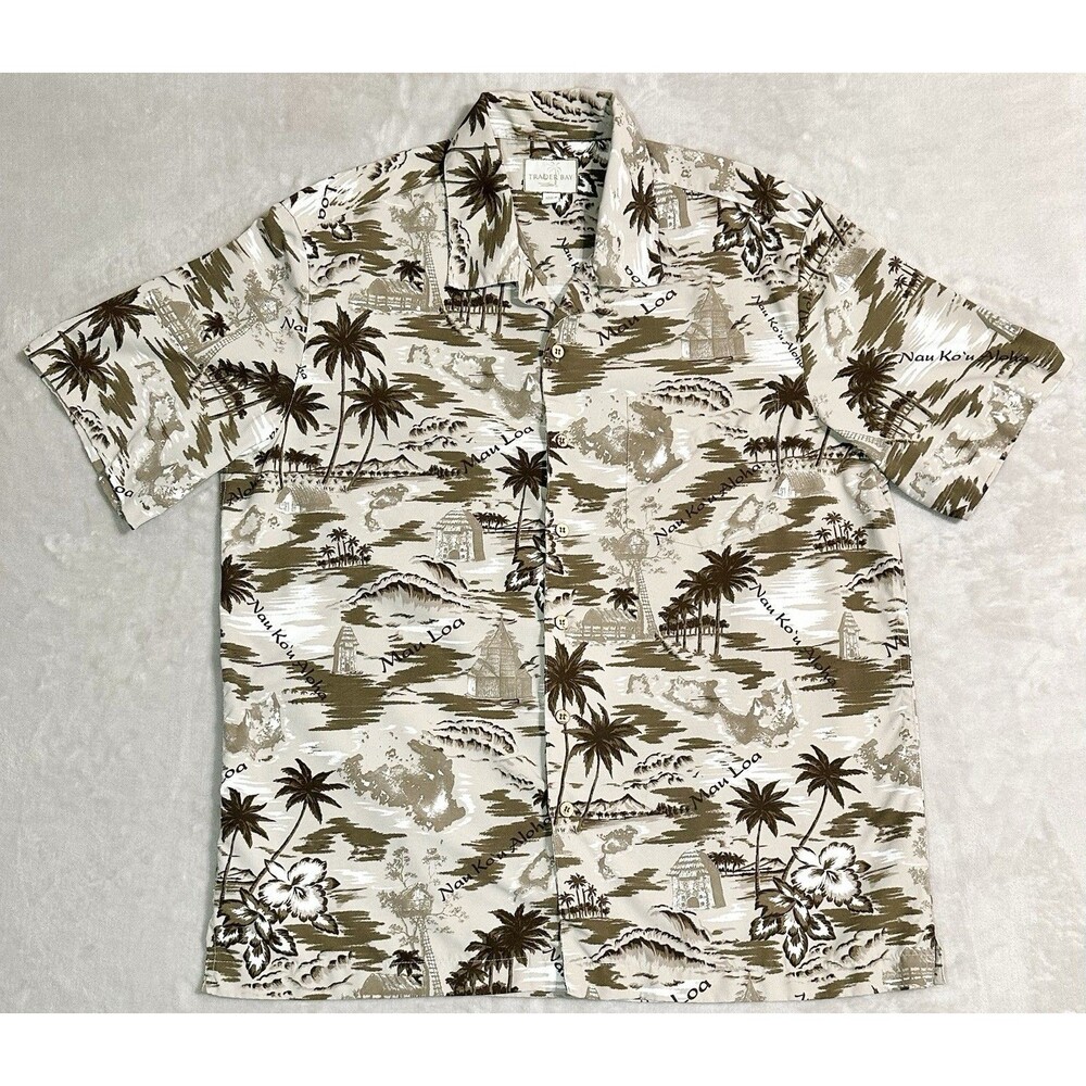Vtg Y2K Trader Bay Mens Medium Hawaiian Tan Sand Palm Tropical Camp Beach Shirt